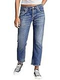 Flamingals Straight Leg Jeans for Women Cropped Mid Rise Stretchy Baggy Jean Wash Raw Hem Trendy Ankle Pants Navy Blue M