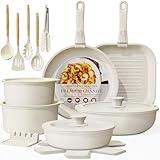 Astercook 23 Pcs Pots and Pans Non Stick Ceramic Cookware Set Detachable Handle, RV Stackable Kitchen Cooking Set Removable Handles, Oven Safe, Induction Ready, Cream White