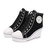 Mei MACLEOD Women's Canvas Shoes High Heel Wedge Sneakers High Top Sneakers Casual Lace Up Shoes for Teen Girls College Student Black