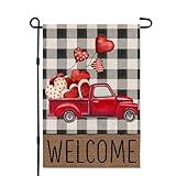 CROWNED BEAUTY Valentines Day Truck Garden Flag 12×18 Inch Double Sided for Outside Red Heart Plaid Small Holiday Anniversary Wedding Love Welcome Yard Decoration