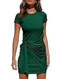 BTFBM Women Crew Neck Short Sleeve Ruched Bodycon T Shirt Dress Casual Tie Waist Plain Sun Beach Summer Short Dresses (Short Sleeve Dark Green, Large)