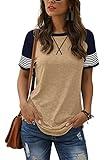 Adibosy Women Summer Casual Shirts: Short Sleeve Striped Tunic Tops - Womens Color Block Tee Tshirt Blouses Khaki XL