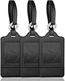 Teskyer Luggage Tags, 3 Pack PU Leather Luggage Tags for Suitcases, Privacy Protection Bag Tags Travel Essentials, Black