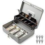 Volcora Large Cash Box with Key Lock, Metal Money Box for Cash, Portable Locking Safe Box with Money Tray, Durable Money Saving Organizer for Yard Sale, Garage Sale, Small Business, Gray