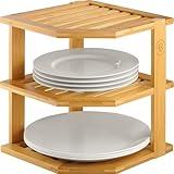 Cabinet Organizer Shelf - Bamboo Corner Rack for Kitchen Counter, Cabinet Space Saver for Plates, Dishes, Bowls, Bread Pantry, Bathroom Storage or Countertop Stand, Stackable Design