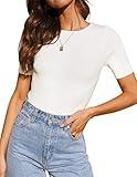 ZESICA Women's Short Sleeve Crewneck T Shirt 2024 Summer Ribbed Knit Slim Fit Basic Solid Color Tee Tops,White,Large