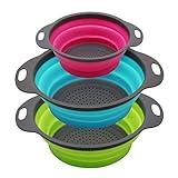 Qimh Collapsible Colander Set of 3 Round Silicone Kitchen Strainer Set - 2 pcs 4 Quart and 1 pcs 2 Quart- Perfect for Draining Pasta, Vegetable and fruit (green,blue, purple)