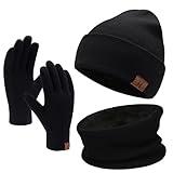 Winter Men Beanie Hat, Scarf, Touch Screen Gloves, 3 Pieces Winter Warm Clothing Set For Men, Black, One Size