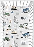 Sweet Jojo Designs Fitted Baby Crib Sheets (Green Construction Truck) for Boys, Infant Nursery, Toddler Room - Standard Size (Transportation, Bulldozer, Tractors, Cranes, Blue, Grey & Yellow, Trucks)