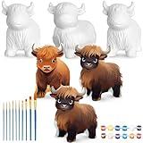 Barydat 6 Pcs Ready to Paint Cow Ceramics Paintable Highland Cow Ceramic Statues Unpainted Animal Ceramic Painting Kit with Paint Strips and Brush for Adults Kids Classroom Craft Project