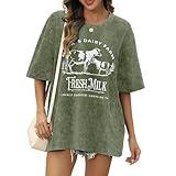 Wrenpies Zipper Nursing Friendly Tops for Women Breastfeeding Maternity Shirts Cotton Oversized Graphic Acid Wash Funny Tees (Army Green,2XL)