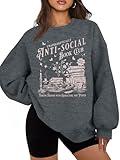 LUKYCILD Anti Social Book Club Sweatshirt Women Oversized Book Lover Teacher Shirt Funny Graphic Long Sleeve Tee Top Dark Grey