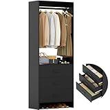 Aheaplus 2FT Closet System with 3 Drawers, 24’’ Closet Organizer, Wood Closet Organizer System, Walk-in Closet or Small Closets Wardrobe, Clothes Rack with Hanging Rods,-W2, Black