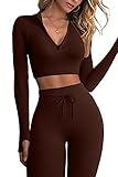 QINSEN Women Winter Workout Sets Funnel Neck Long Sleeve Sport Shirt Tummy Control Fitted Yoga Pants 2 Pieces Tracksuit Coffee M