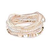 Handmade Multicolor Bohemian Crystal Beaded Bracelets Set Multilayer Stackable Boho Charms Stretch Layered Bead Adjustable Bangles Strand Jewelry for Women-Beige