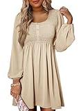 Dokotoo Long Sleeve Dresses for Women 2024 Casual Smocked Crewneck Empire Waist Fall Dress Elegant A-Line Mini Flowy Dresses Apricot Large