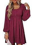 Dokotoo Womens Long Sleeve Dress 2024 Fall Casual Crewneck Button Empire Waist A-line Swing Flowy Dresses Smocked Mini Short Dress Rose Medium