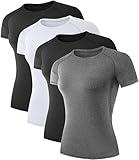 TELALEO 4 Pack Women's Compression Shirt Running Athletic T-Shirts Workout Tops Baselayer Short Sleeve Yoga Gym Sports Gear 2Black/Grey/White L/02