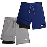 Reebok Boys Athletic Shorts 2 Pack – 2-in-1 Boys Basketball Shorts with Compression Liner – Quick Dry Running Shorts, Size 10-12, Dark Blue/Grey