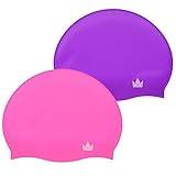 The Friendly Swede Swim Caps for Women & Men - Silicone Swimming Caps for Medium & Short Hair; Waterproof Swimming Cap for Women to Keep Hair Dry; Swim Cap for Adult and Child - Pink & Purple 2-Pack