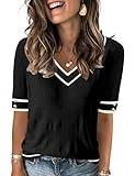 AKEWEI Womens V Neck Sweater Short Sleeve Spring TopsLightweight Blouse with Decorative Buttons(Black Striped,XXL)