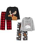 Simple Joys by Carter's Boys' 4-Piece Pajama Set (Cotton Top & Fleece Bottom), Black Reindeer/Dark Grey Forest Animals/Grey Polar Bear/Buffalo Plaid, 18 Months