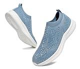 BELOS Women's Rhinestone Mesh Slip On Walking Shoes Fashion Breathable Spakle Glitter Sneaker (Blue,8)