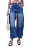 GREAIDEA Mid Rise Barrel Jeans for Women Wide Leg Mid Waist Cropped Denim Pants Y2k Baggy Boyfriend Jeans with Pockets Sapphire Blue