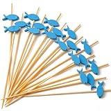 PuTwo Cocktail Toothpicks 100 Counts Cocktail Picks Handmade Natural Bamboo Cocktail Sticks Eco-Friendly Appetizer Skewers for Cocktail Appetizers Fruits Dessert - Blue Fishes