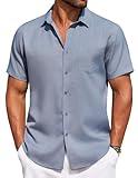 COOFANDY Mens Linen Shirt Summer Beach Vacation Shirts Casual Button Down Short Sleeve Top Resort Wear for Men Grey Blue