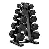 CAP Barbell 150 LB Coated Hex Dumbbell Weight Set with Vertical Rack, Black, New Edition