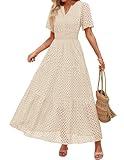 ZESICA Women's 2025 Summer Short Sleeve Maxi Dress Casual V Neck Hollow Out Eyelet Ruffle Swing A Line Long Dresses,Apricot,Medium