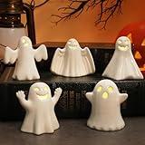 RGQSUN 5PCS Ceramic Ghosts with Light,Halloween Light up Ghost Decor,Ghost Figurines White Spooky Sculptures for Halloween Parties,Room Decor,Gifts