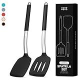 Home Hero Silicone Spatula Set with Ergonomic Handles - Stainless Steel High Heat Resistant Solid & Slotted Turner, BPA Free Non Stick Kitchen Utensils Set - Rubber Spatula (2 Pcs - Black)