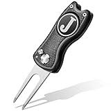 Sonwyoung Golf Divot Repair Tool with Letter Monogrammed Initial Golf Ball Marker Foldable Metal Tool with Magnetic Putt Alignment Golf Accessories Christmas Golfers Gifts for Men (Letter J, Black)