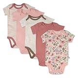 HonestBaby 5-Pack Short Sleeve Bodysuits One-Piece 100% Organic Cotton for Infant Baby Girls, Painted Floral Pink,0-3 Months