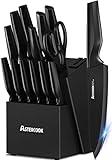 Astercook Knife Set, Kitchen Knife Set with Built-in Sharpener Block, Dishwasher Safe, 15 Pieces German Stainless Steel Knife Block Set, Black