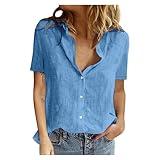 JEUROT Cotton Linen Tops for Women Short Sleeve Button Down Blouses Plus Size Collared Gauze Shirts Loose Fit Trendy Basic Tees Business Casual Outfits Resort Wear (Blue-b, XXXXL)