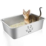 PWTAA Stainless Steel Cat Litter Box High Side Cats Toilet Metal Kitten Litter Pan, Pet Cleaning Tool for Cats, Splash-Proof & Non-Stick Cat Poop Box odorless, with Cute Stickers 19.7"x13.8"x5.9"