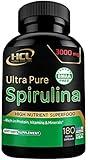 Organic Spirulina Powder Capsules 3000 mg - Purest Non-Irradiated Blue Green Algae - Best Raw Vegan Protein - Green Superfood - Natural Multivitamins – 180 Pills Made in The USA