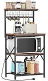 Furologee Kitchen Bakers Rack with Power Outlet, Microwave Oven Stand with Storage 4 Tiers, Coffee Bar Table with 6 S Hooks, Kitchen Storage Shelf Rack for Spices, Pots, Rustic Brown