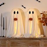 Halloween Decorations-2 Pack Light-Up Sherpa Ghosts with Pumpkin Halloween Decor Indoor Cute Ghost Tabletop Decor for Party Home Kitchen and Fireplace