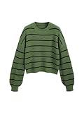 CIDER Women’s Cropped Striped Sweater Long Sleeve Crew Neck Trendy Pullover Tops: Green, M