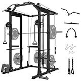 Mikolo Power Cage, Power Rack with Cable Crossover System, 1500LBS Squat Rack with LAT Pull Down System, Home Gym Packages with Weight Bench, Olympic Barbell Weight Set-Black