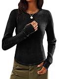 Micticsi Womens Waffle Knit Tops Thermal Long Sleeve Shirts Fitted Crewneck Fall Winter Tops 2024 Black