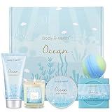 Gifts for Women, Bath and Body Gift Sets for Women with 5 Pcs Ocean Scented Spa Gifts for Women, Bath Gifts for Women with Scented Candle Body Butter Hand Cream Bath Bomb Womens Gifts for Christmas