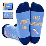 HAPPYPOP Mechanic Socks - Blue Cotton Blend Socks for Mechanics, Adults, Unisex - Crew Length, Trust Me Im a Mechanic Pattern, M Size, 1 Pair