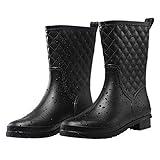 Petrass Women Rain Boots Black Waterproof Mid Calf Lightweight Cute Booties Fashion Out Work Comfortable Garden Shoes, Black 8