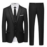 WULFUL Men's 3 Piece Slim Fit Suit Set Two Button Blazer Jacket Vest Pants Tuxedo Set for Party, Wedding and Business Black