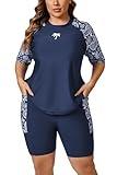 Halcurt Womens Plus Size Rash Guard Built in Bra 2 Piece Swimming Suits Boyleg Pocket Shorts Navy 1X